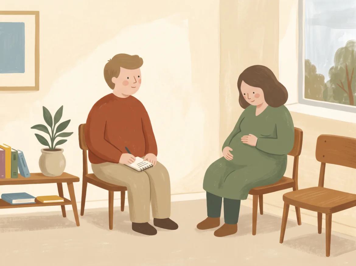 En partner sitter på venterommet hos jordmor med en notatblokk på fanget og ser bort på den gravide ved siden av seg